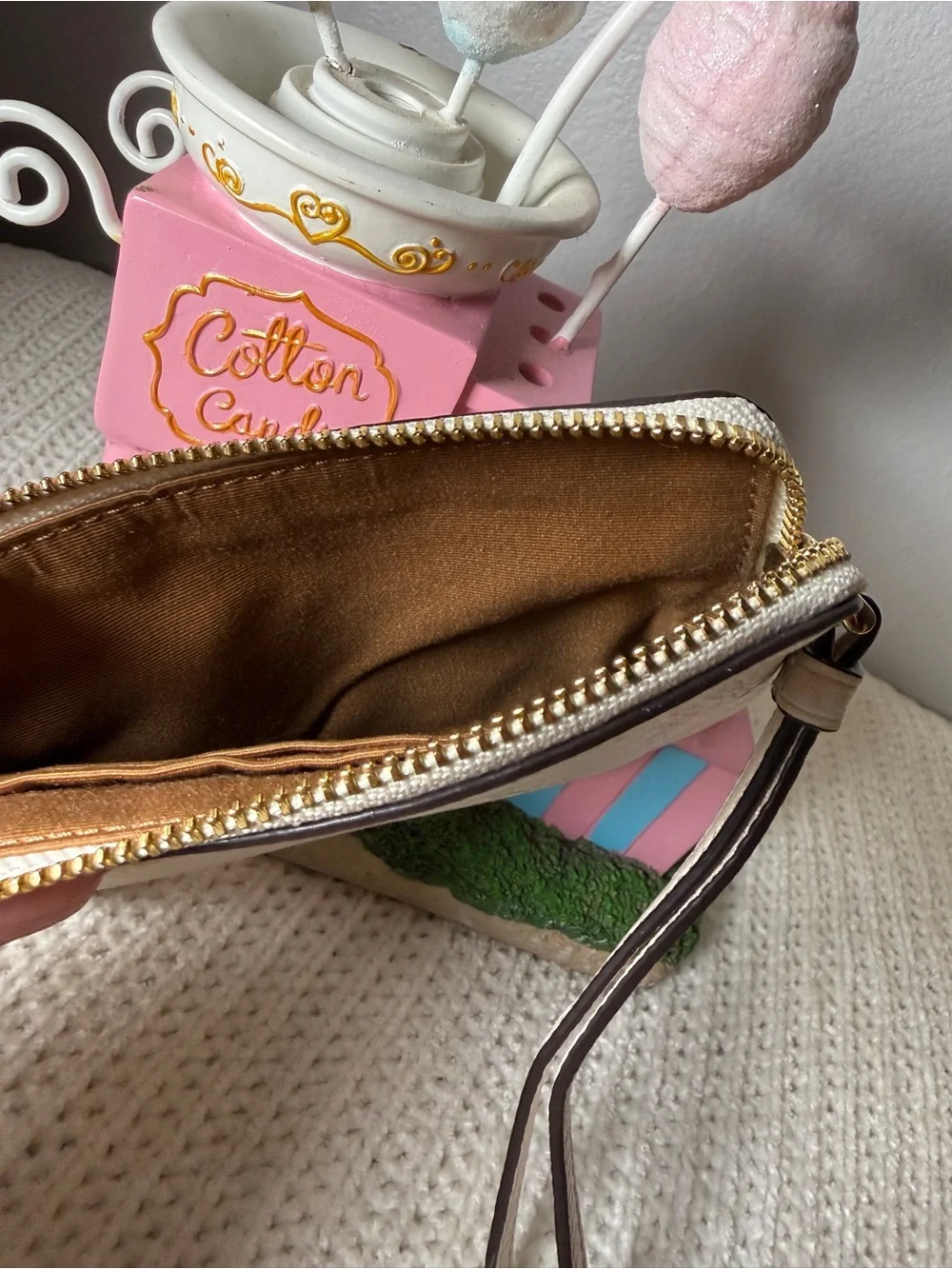 Coach Pebbled Leather Wristlet in Cream with Pale Yellow Logo